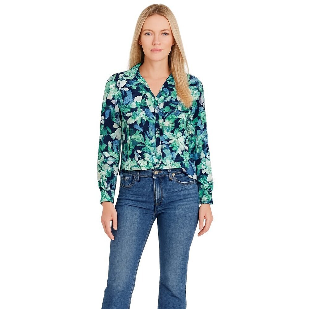 NWT White House Black Market Blouse XS Long Sleeve Blue Green Floral #WHBM2